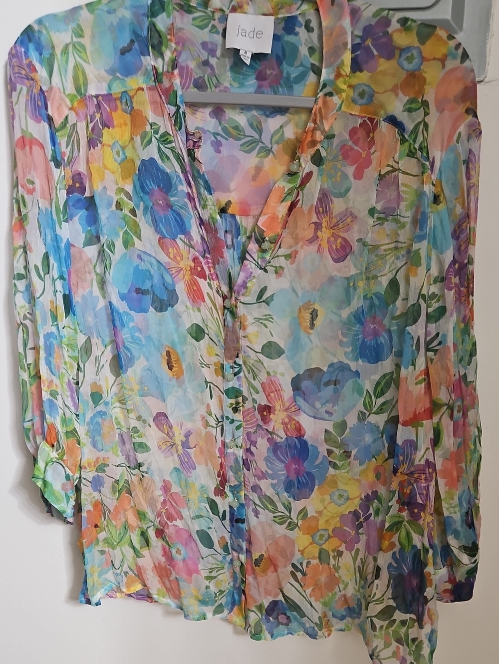 Jade Multi-Color Floral Sheer Button-Up Blouse